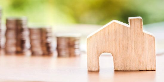 wooden block house with coins in the background