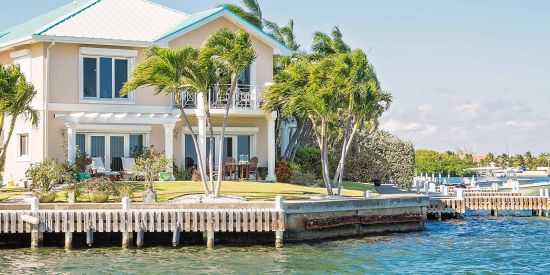 A property right by the water with palm trees