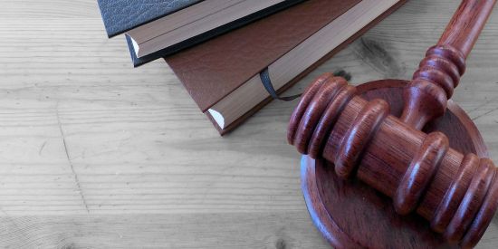 wooden gavel with burgundy and blue books